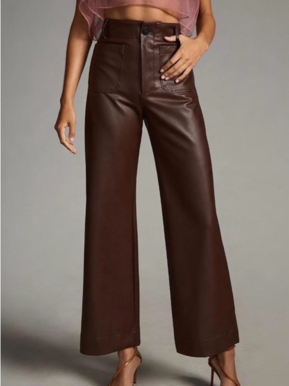 Anthropologie Maeve Colette Faux Leather Chocolate Brown Wide Leg High Rise Pant